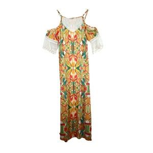 Sipola Woman Sz L Yellow Maxi Tropical Dress Open Shoulder Crochet Laced Sleeve